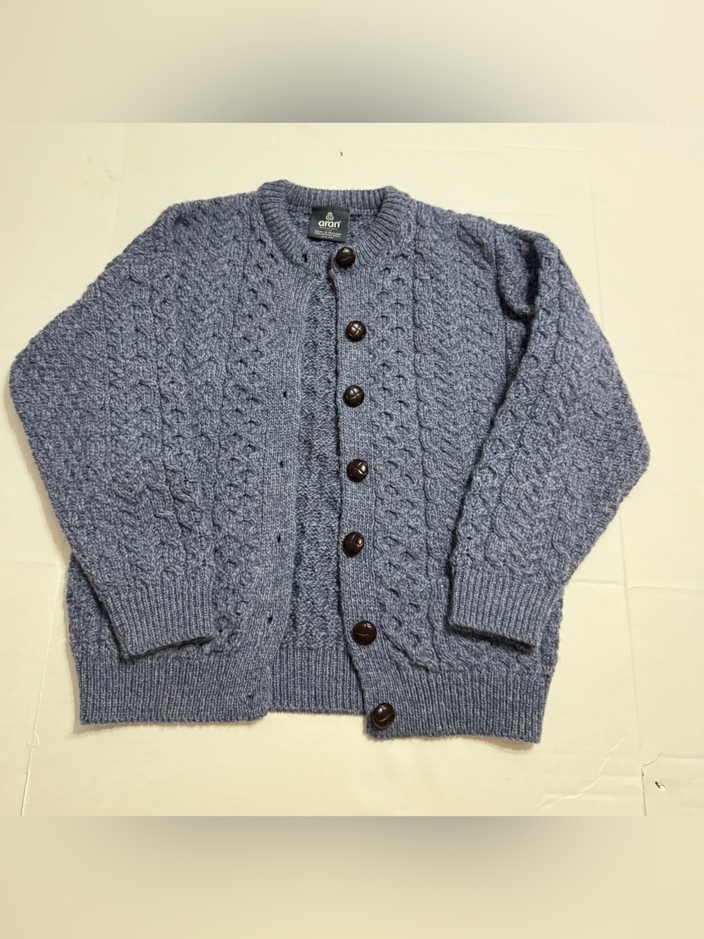 Aran Woollen Mills 100% Merino Wool Cable Knit Cardigan Blue Size XS